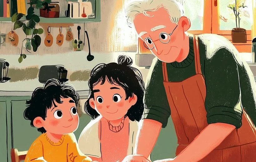 A parent and kids baking together.